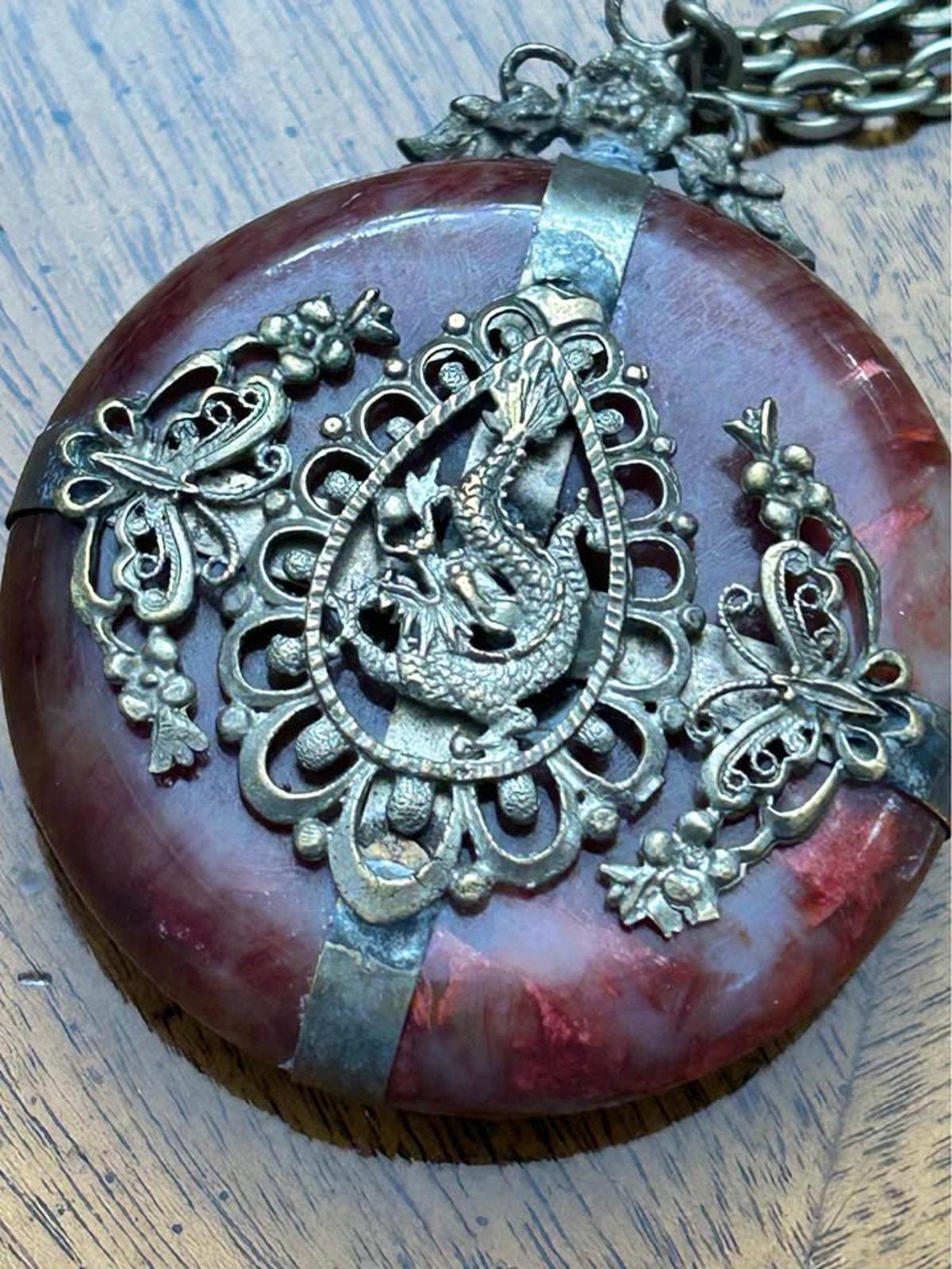Vintage Chinese Export Carnelian Disc Dragon Pendant Necklace