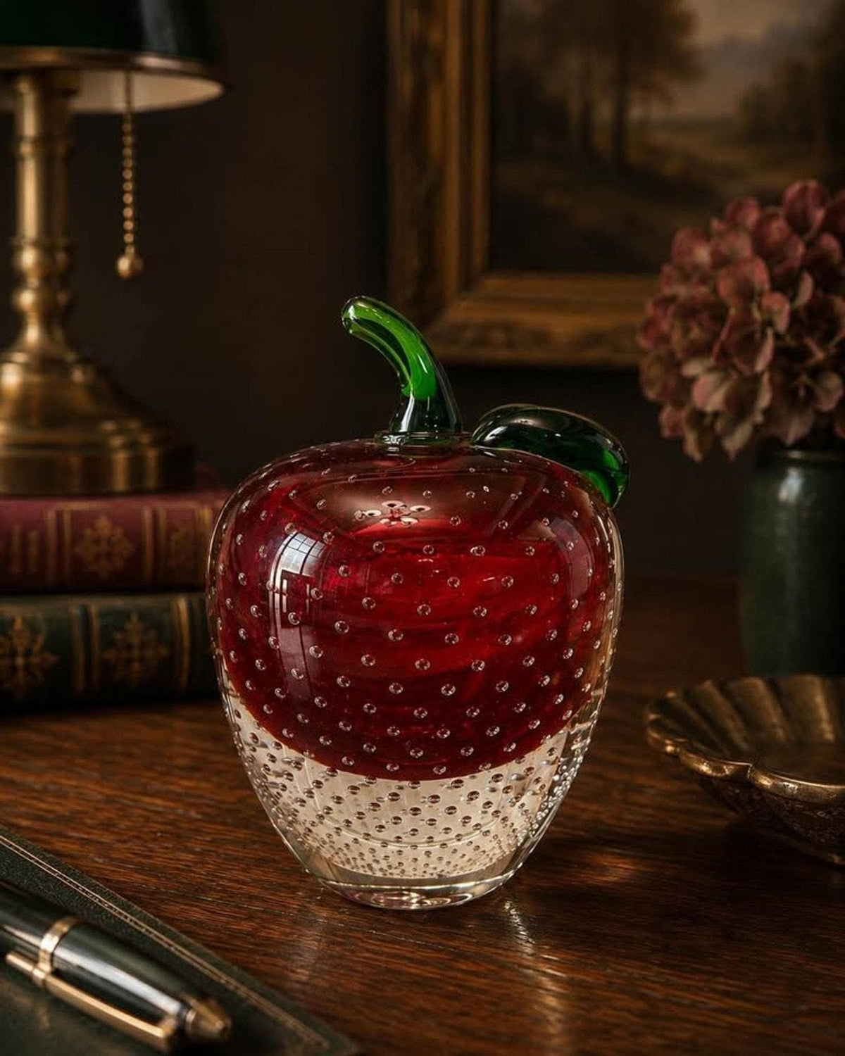 Vintage Murano Style Red Bullicante Art Glass Apple Paperweight