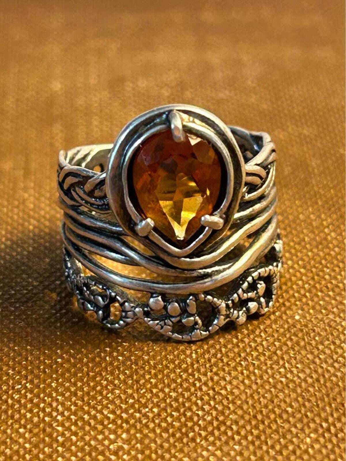 Vintage PZ Israel Sterling Silver Pear Citrine Ring Size 6