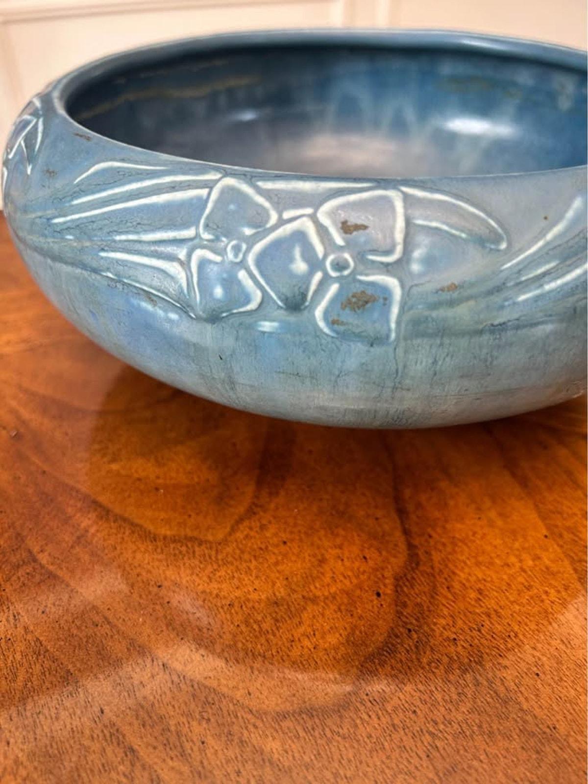 Antique 1927 Rookwood Pottery Matte Blue Relief Floral Bowl Shape 2149