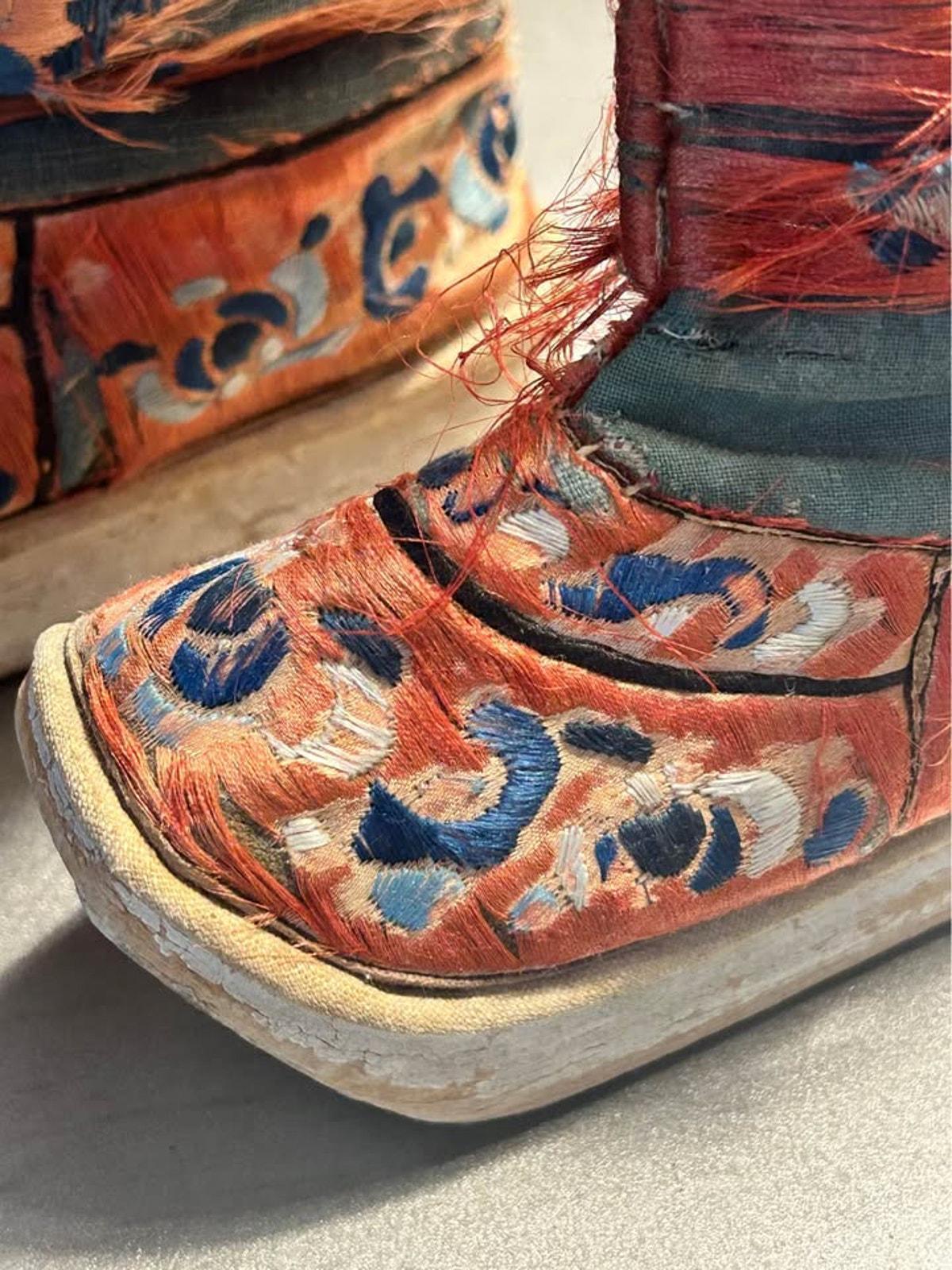 Antique Chinese Silk Embroidered Lotus Shoes Distressed Qing Dynasty