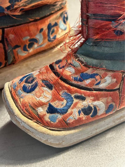 Antique Chinese Silk Embroidered Lotus Shoes Distressed Qing Dynasty