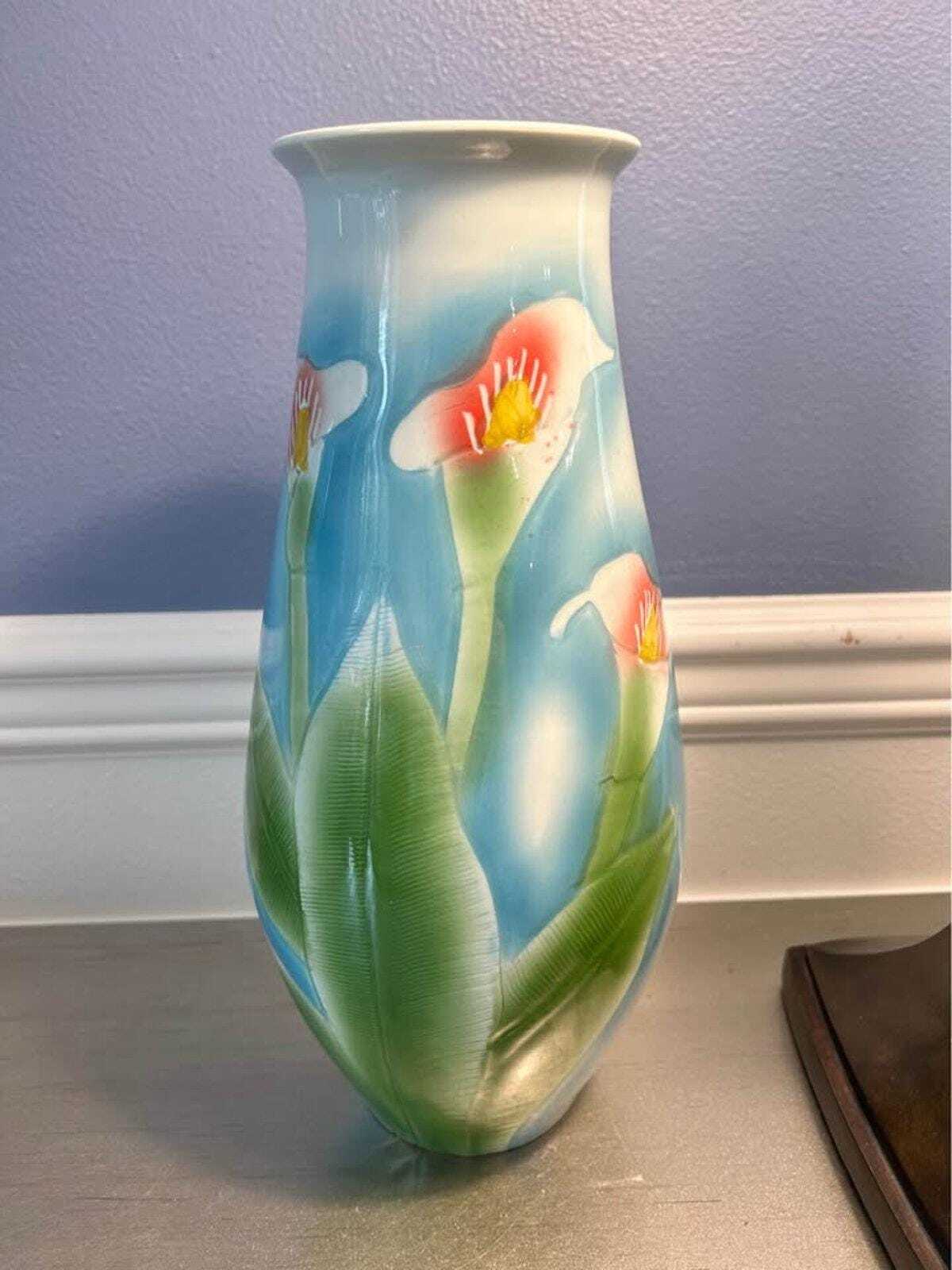 Large Hand-Painted Calla Lily Ceramic Vase with Chinese Calligraphy