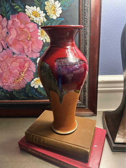 Kevin Berg Signed Studio Art Pottery - 12" Drip Glaze Terracotta Vase