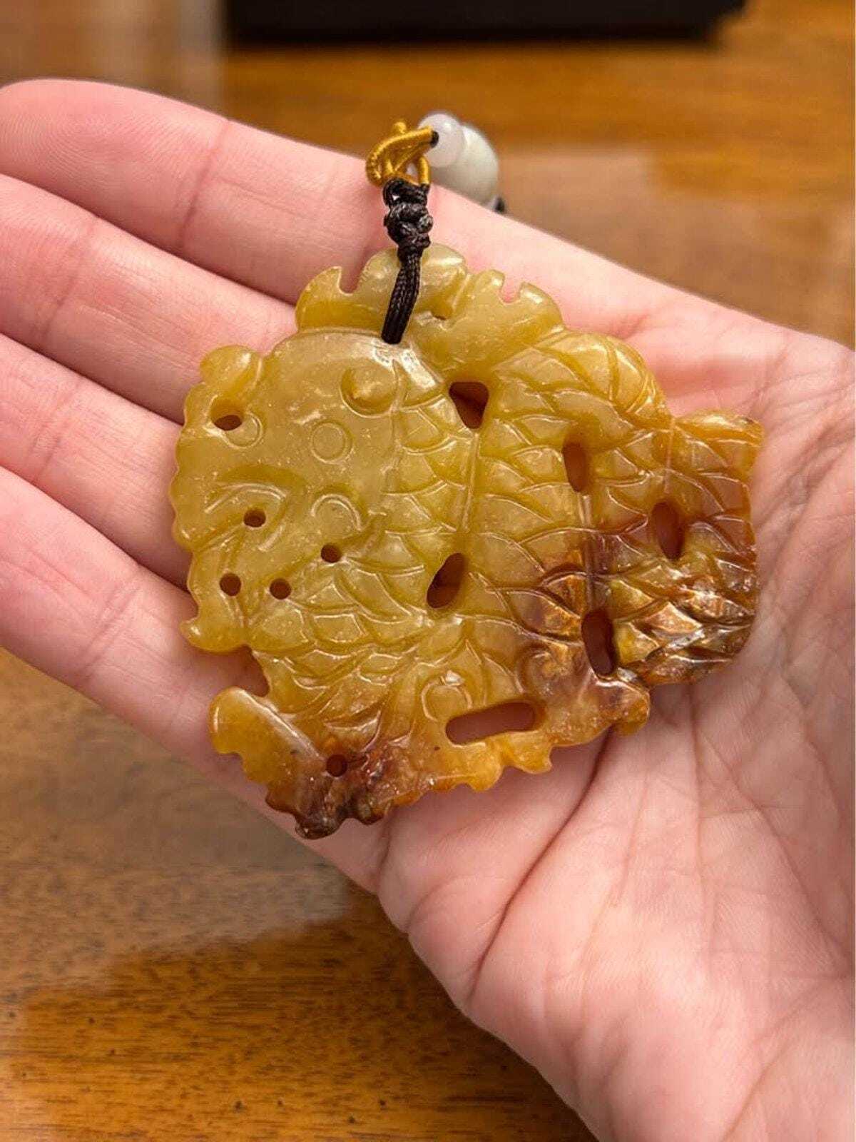 Vintage Carved Yellow and Russet Jadeite Dragon Fish Pendant Necklace