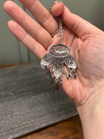 Boho Teal Enamel and Coral Seed Bead Chandelier Pendant Necklace