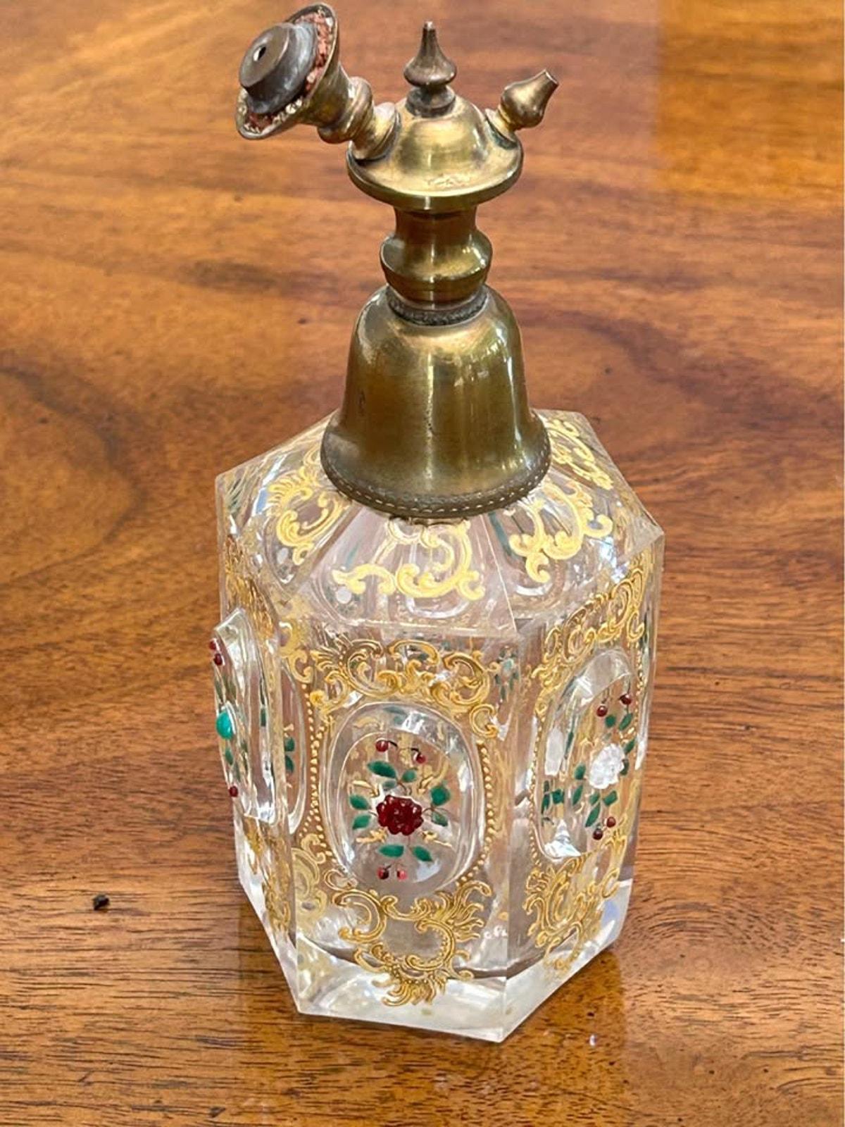 Antique Bohemian Gilded Crystal Perfume Atomizer Bottle