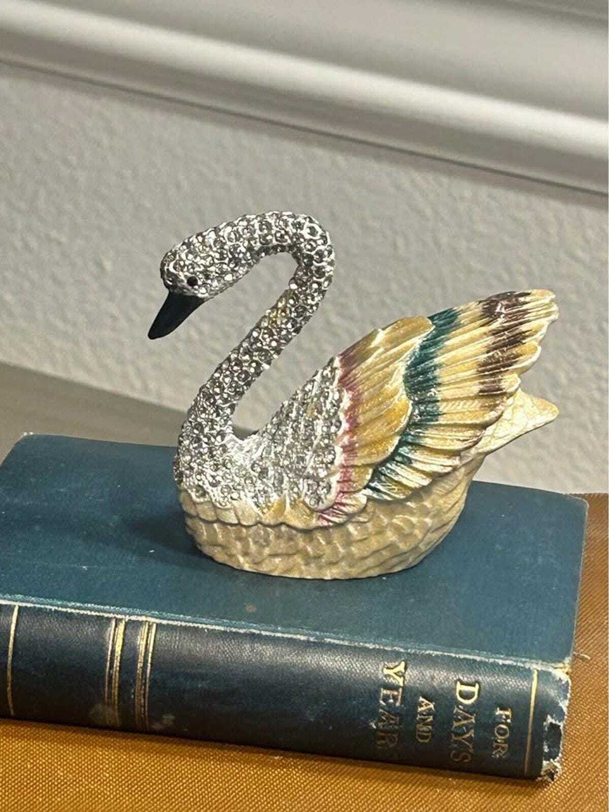 Hand-Painted Enamel Swan Trinket Box with Rhinestone Pavé
