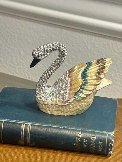 Hand-Painted Enamel Swan Trinket Box with Rhinestone Pavé