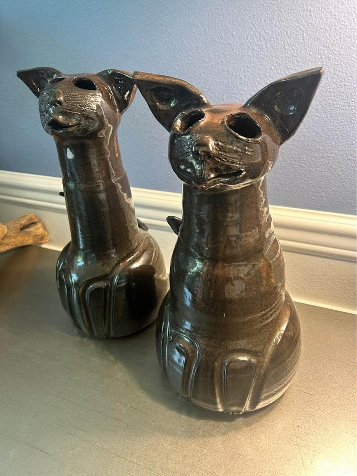 Gramsie Signed Studio Pottery Long Neck Cat Sculptures - Pair