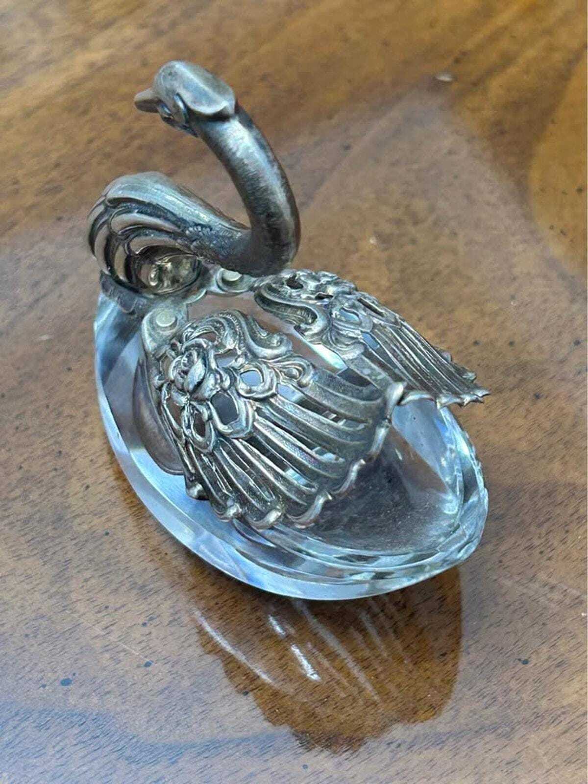 Vintage West German Sterling Silver and Cut Crystal Articulated Swan Salt Cellar