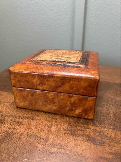 Vintage Italian Tooled Leather Trinket Box with Alchemist Bas-Relief