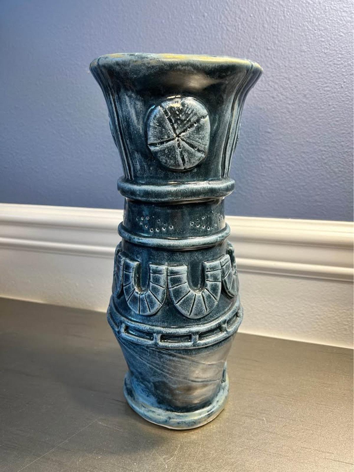 Artisan Indigo Blue Sand Dollar Pottery Vase - 11.5" Tall Coastal Stoneware