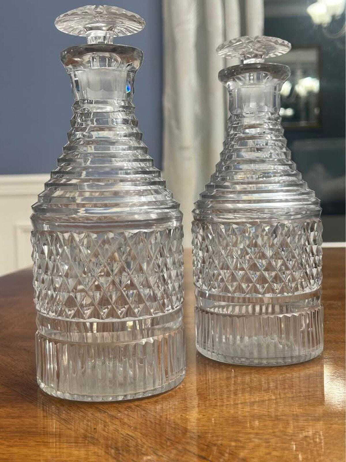 Vintage Cut Crystal Step-Neck Decanter Pair | Anglo-Irish Georgian Style Barware