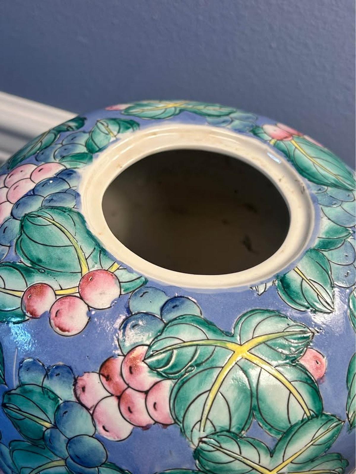 Large Vintage Chinese Raised Enamel Grape and Bird Vase