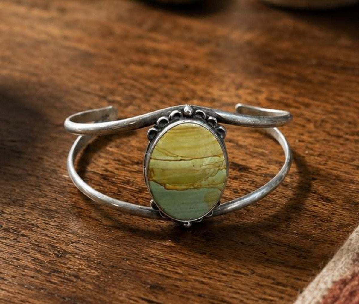 Vintage Southwestern Sterling Silver Picture Jasper Split Shank Cuff Bracelet