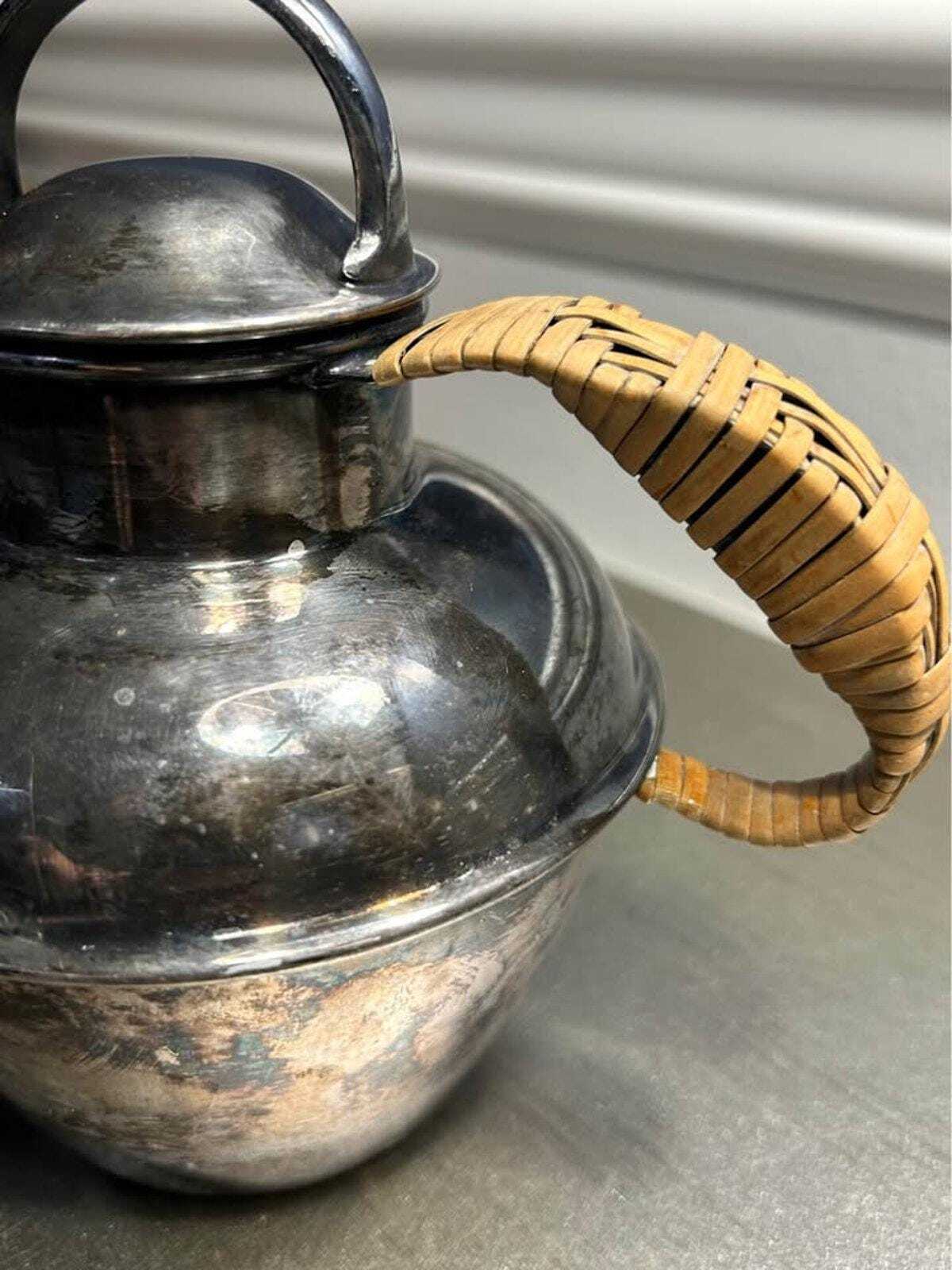 Lawrence B. Smith Co. Silver Plate Teapot | Pattern 1119 Pitcher with Woven Rattan Handle