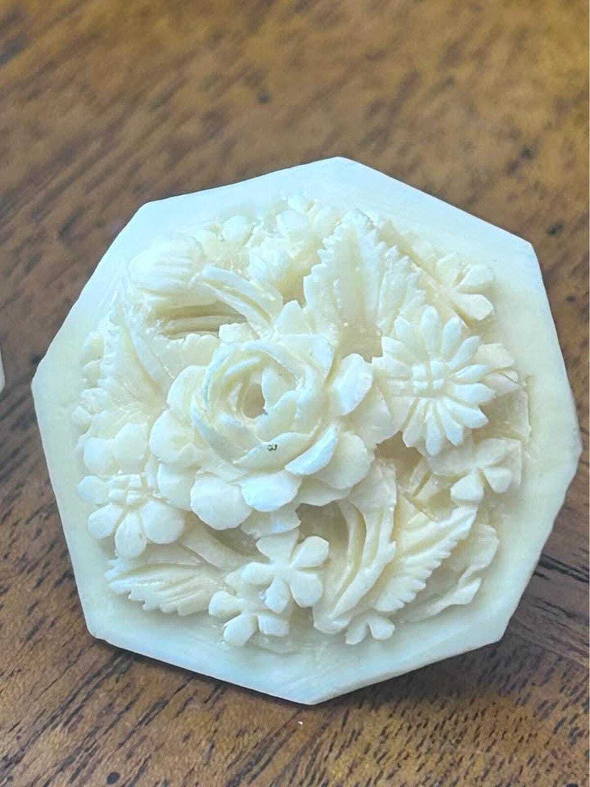 Vintage WELLS 14K Gold Carved Bone Large Floral Hexagon Stud Earrings
