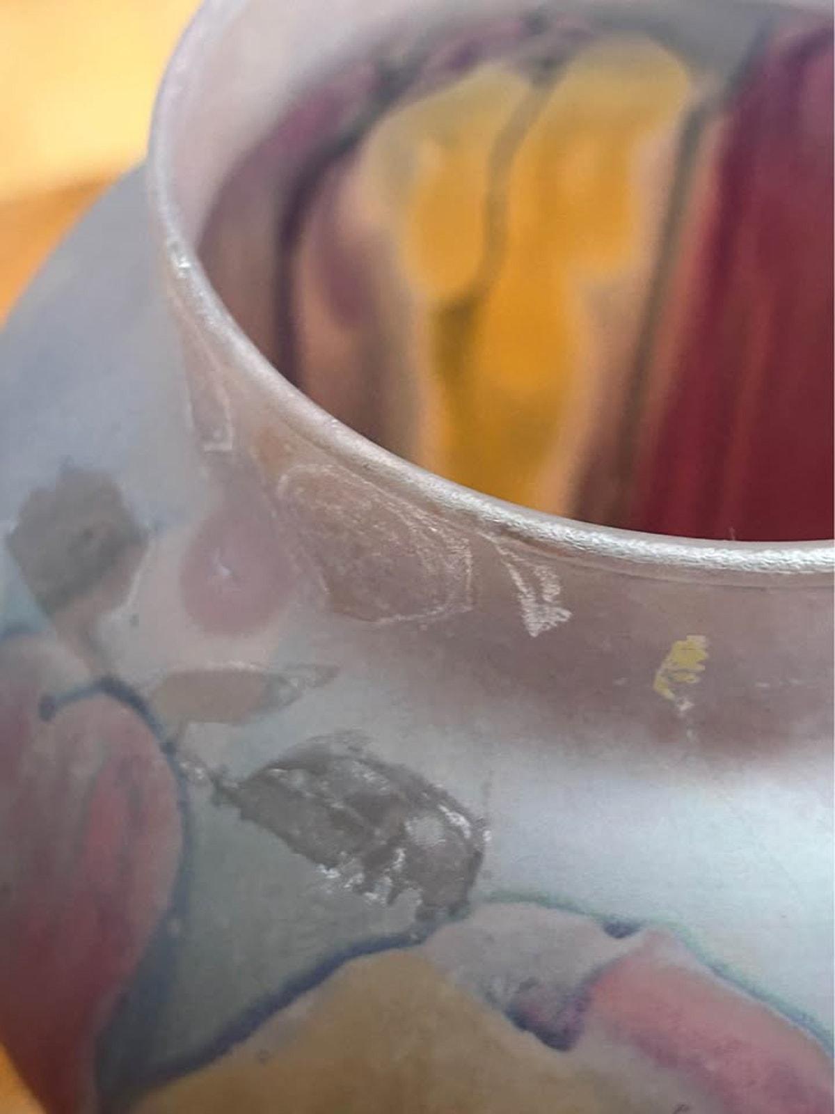 Vintage Rueven Hand Painted Frosted Satin Glass Lidded Ginger Jar and Bowl Set