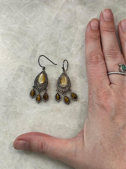 925A China Sterling Silver Chandelier Earrings with Mother of Pearl and Tiger's Eye
