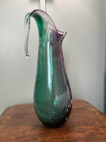 Mid-Century Art Glass Pitcher | Green & Amethyst Confetti, 11" Hand-Blown Vase