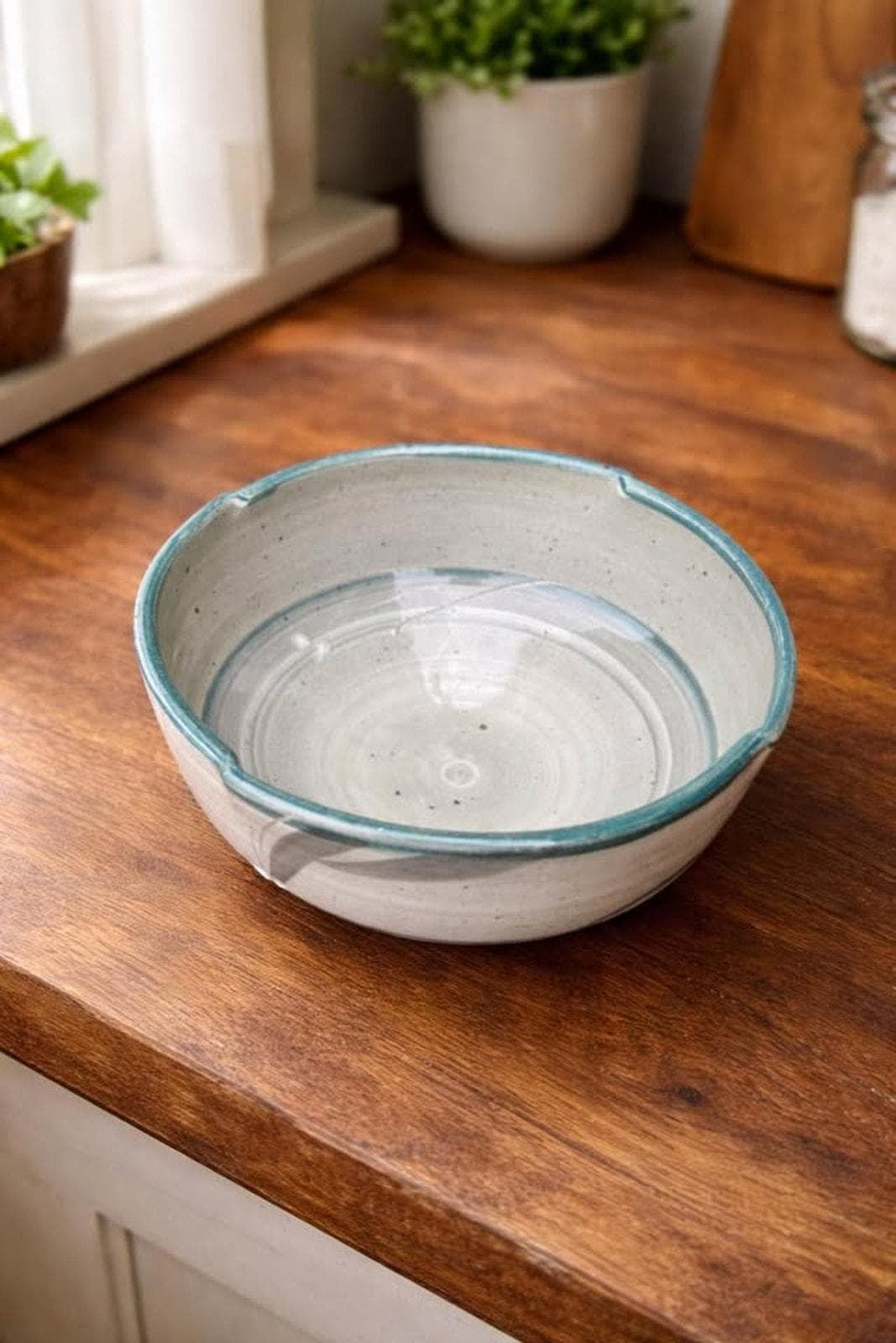 Vintage Signed Studio Pottery Serving Bowl | Hand-Painted Hakeme Brushwork | 8-Inch Notched Stoneware