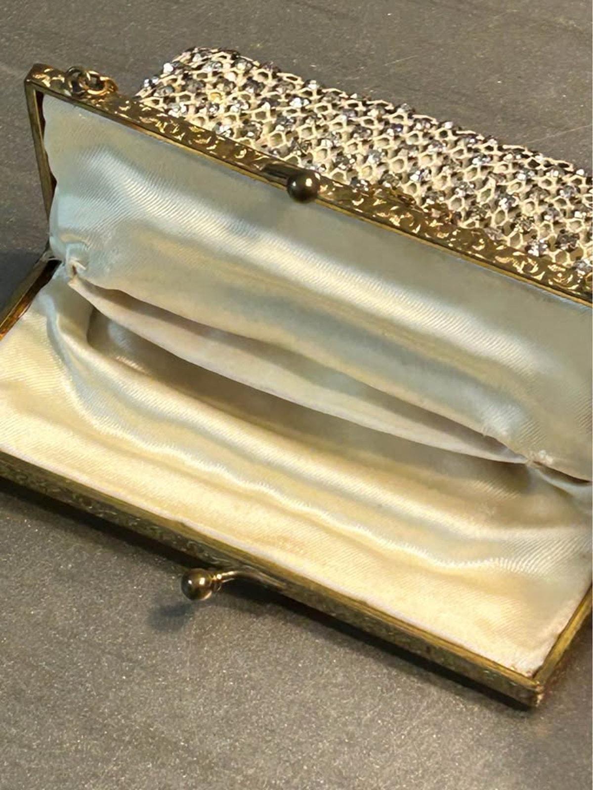 Vintage Rhinestone Mesh Evening Bag Etched Gold Tone Frame Satin Lined Purse