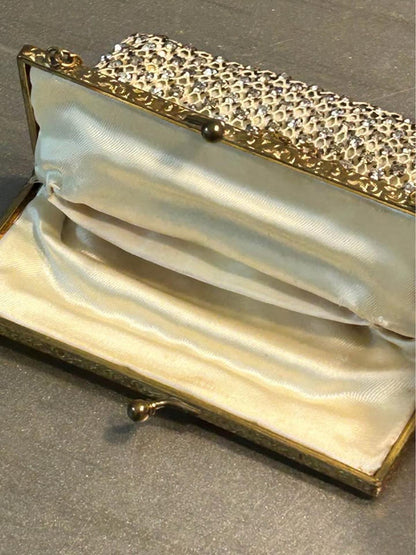 Vintage Rhinestone Mesh Evening Bag Etched Gold Tone Frame Satin Lined Purse