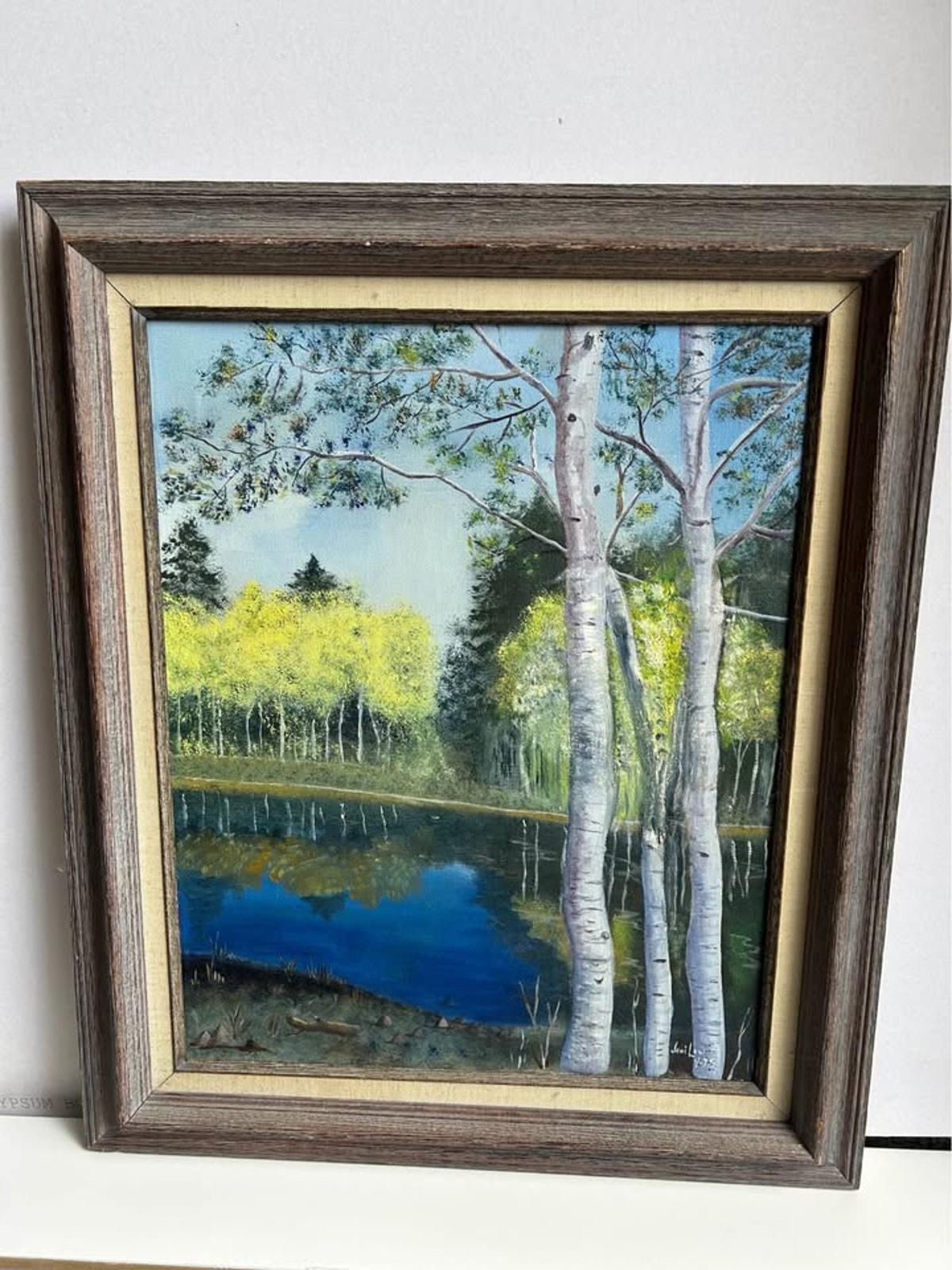 Joni Lewis Original Oil Painting - Birch Trees and Lake Landscape, 1975 - Framed 27x21.5
