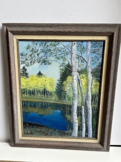 Joni Lewis Original Oil Painting - Birch Trees and Lake Landscape, 1975 - Framed 27x21.5