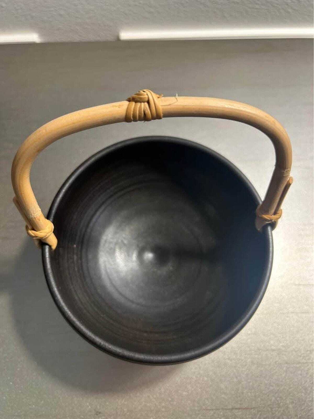 Mid Century Modern Stoneware Bowl – Matte Black Bamboo Handle, Wabi Sabi Decor