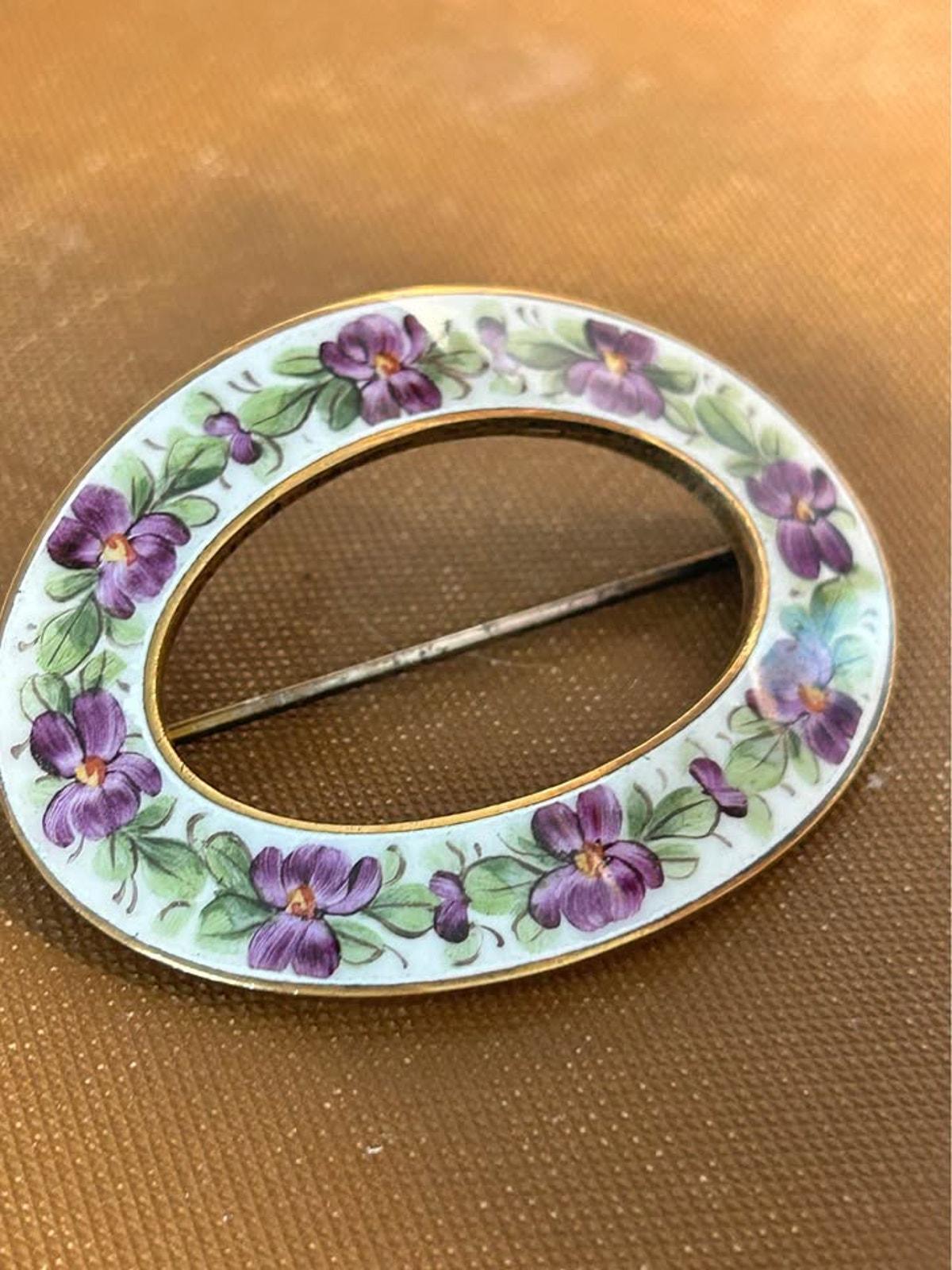 Antique Art Nouveau Suffragette Guilloche Enamel Hand Painted Violet Sash Brooch