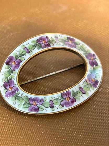 Antique Art Nouveau Suffragette Guilloche Enamel Hand Painted Violet Sash Brooch