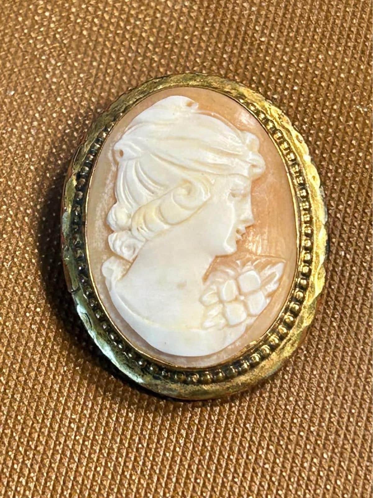 12K Gold Filled Hand-Carved Shell Cameo Brooch, Mid-Century Flora Profile