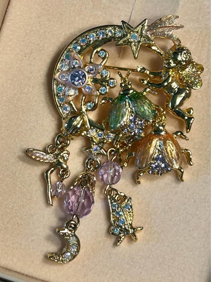 Kirks Folly Fairy Fire Flies Brooch, Vintage Crescent Moon and Cherub Pin, Original Box