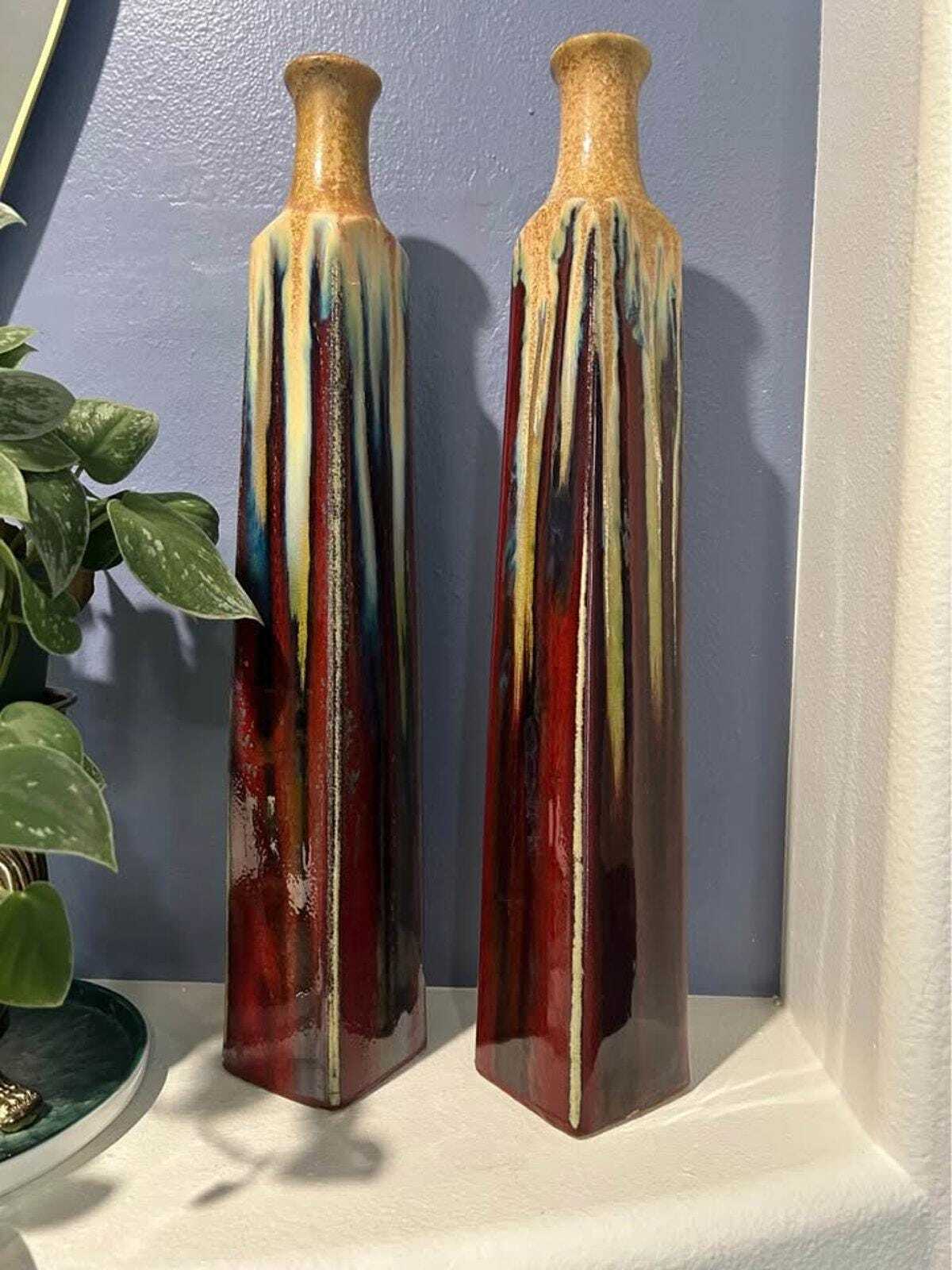 Pair of 19" Tall Vintage Studio Pottery Obelisk Vases