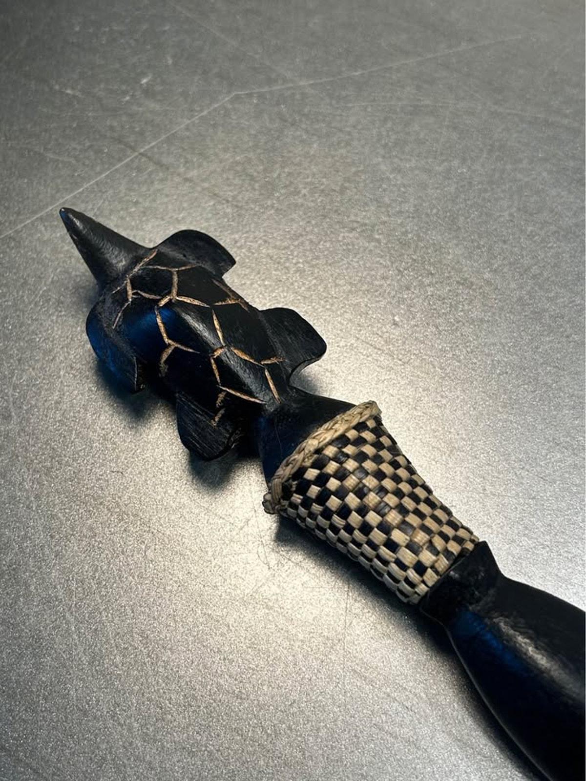 Vintage Kenyan Wood Turtle Salad Fork - Hand-Carved Ebony and Woven Raffia - 10 Inches