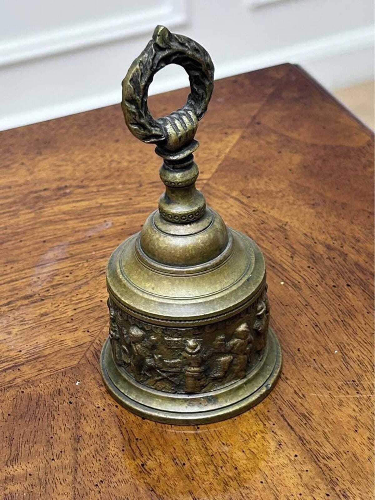 Vintage Cast Brass Tavern Scene Hand Bell with Wreath Handle