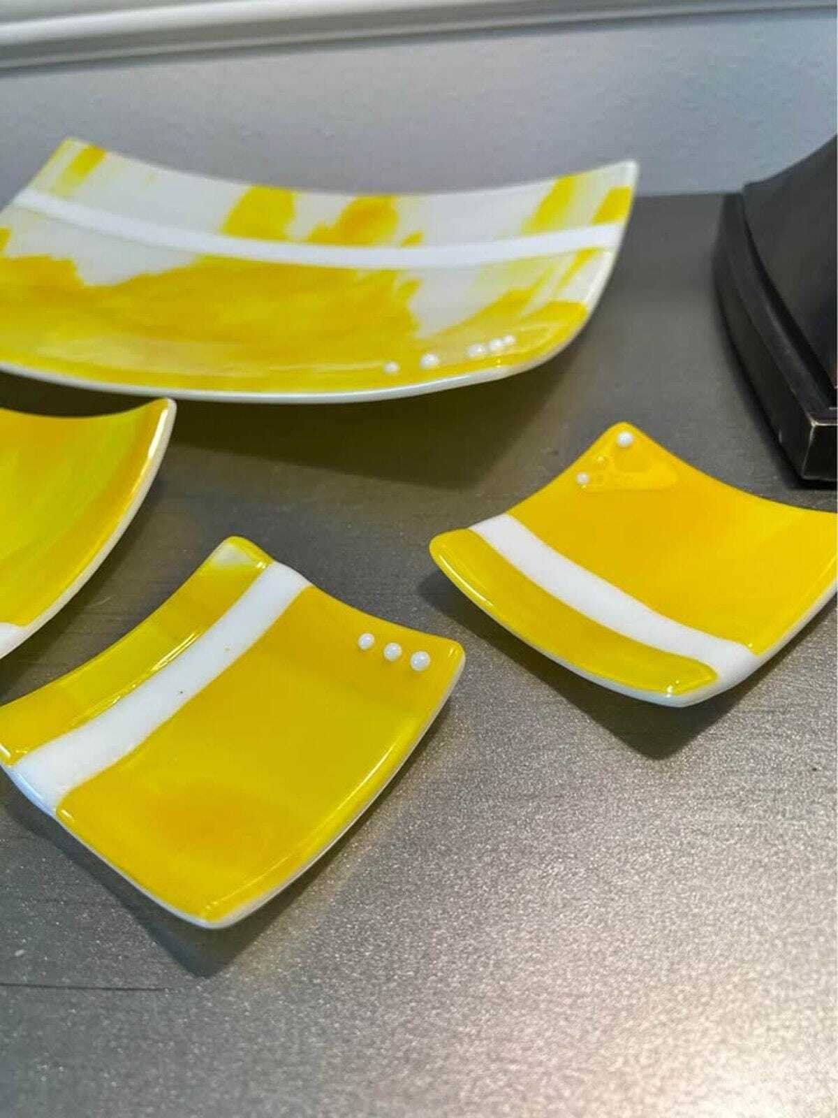 Red Stone Glass Yellow & White Fused Glass Platter and Appetizer Set (5 Pieces)