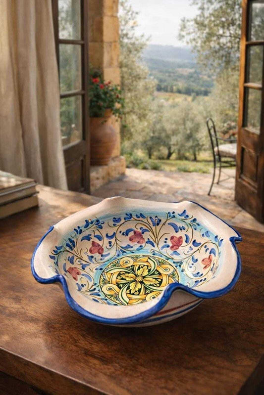 Vintage Italian Majolica Scalloped Ruffle Bowl Hand-Painted Floral Ceramic Signed Mid-Century Mediterranean Decor