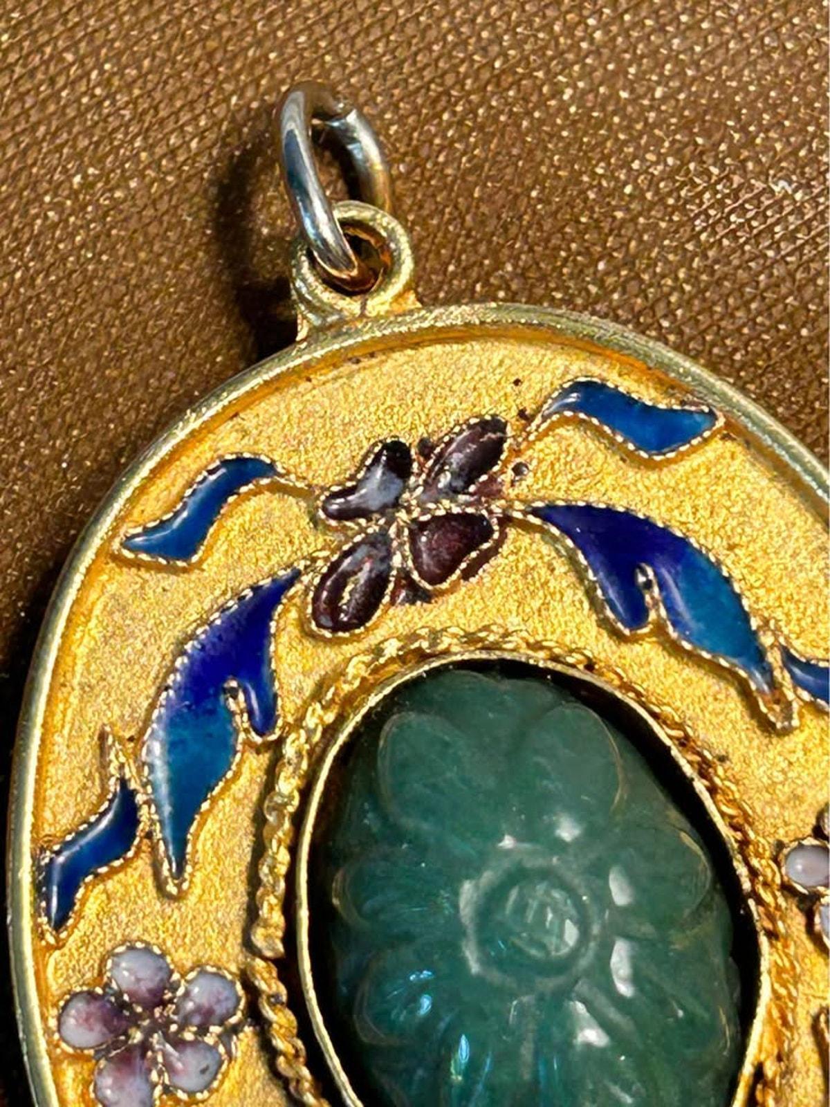 Vintage Chinese Export Carved Genuine Jade & Floral Enamel Brooch Pendant