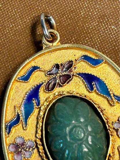 Vintage Chinese Export Carved Genuine Jade & Floral Enamel Brooch Pendant
