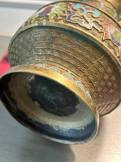 Antique Japanese Champleve Enamel Brass Vase