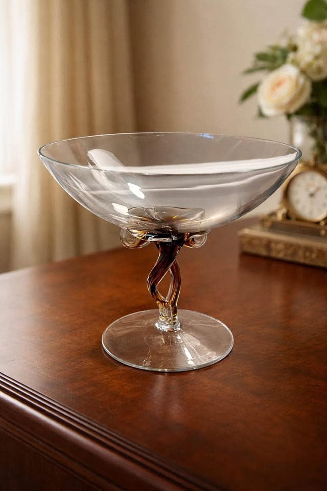 Mid-Century Modern Amber Controlled Twist Glass Compote - Large 11” Art Glass Centerpiece Bowl