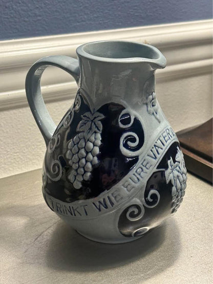 Vintage West German Cobalt Salt-Glazed Stoneware Wine Pitcher Pair