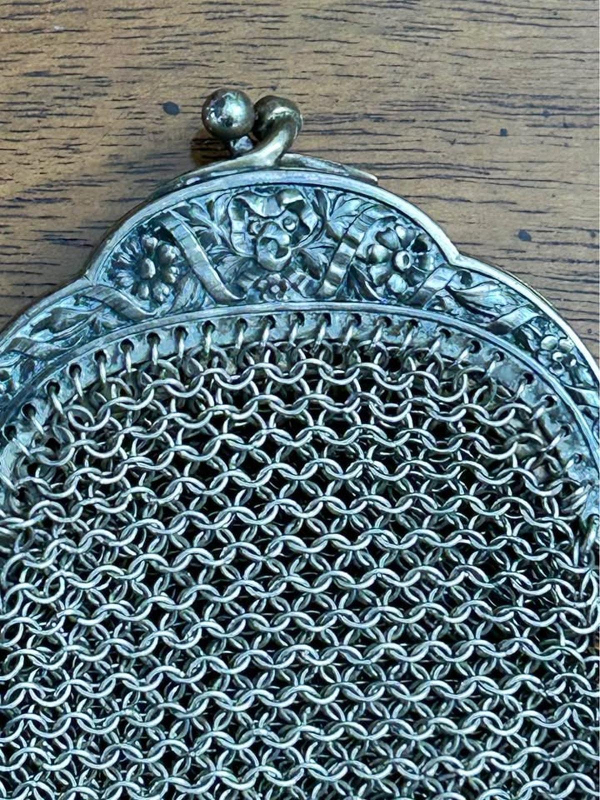 Antique Sterling Silver Chainmail Chatelaine Coin Purse With Repousse Frame