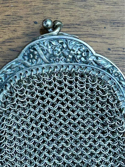 Antique Sterling Silver Chainmail Chatelaine Coin Purse With Repousse Frame