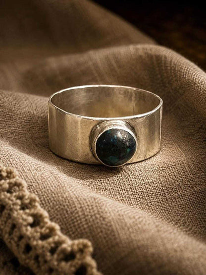 Vintage 1974 LMP Sterling Silver Wide Band Ring – Azurite Cabochon, Size 9.25