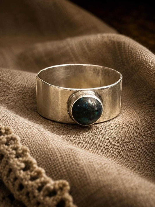 Vintage 1974 LMP Sterling Silver Wide Band Ring – Azurite Cabochon, Size 9.25
