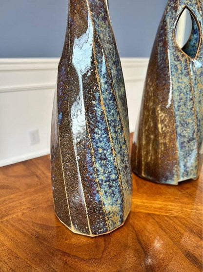 Vintage Studio Pottery Modernist Ikebana Vases Pair - Signed